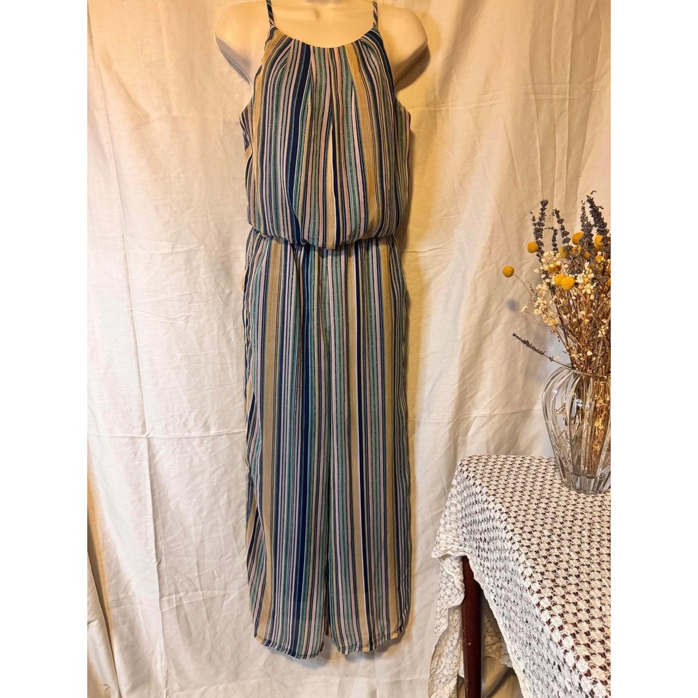 Tacera Wide Leg Halter Jumpsuit Earth Tone Vertical Size S/M Good Used Condition